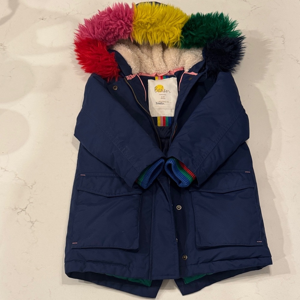 Boden Navy Jacket with Multicolor Faux Fur Trim